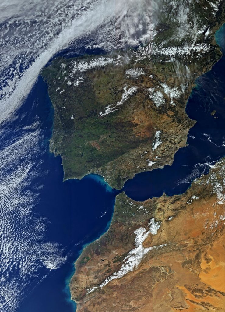 Impressive photo featuring Spain, Portugal and North Africa collected by the OLCI instrument on March 1, 2016. Aside from stunning detail over the land masses of Africa and the Iberian Peninsula, the image shows cloud flows and swirls of algae in the coastal areas. - Photo Credit: Copernicus Program