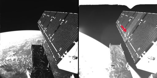 Before an after photos of Sentinel-1A solar array show a large dent left by the particle impact - Photo: ESA