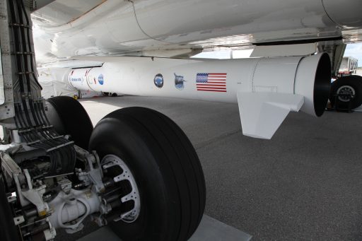 Orbital ATK's Pegasus Rocket fastened to the underside of its L-1011 carrier aircraft - Photo: NASA