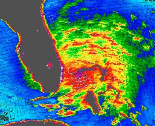 Scatterometer Image of Hurricane Katrina showing zones of the strongest winds - Image: NASA/JPL