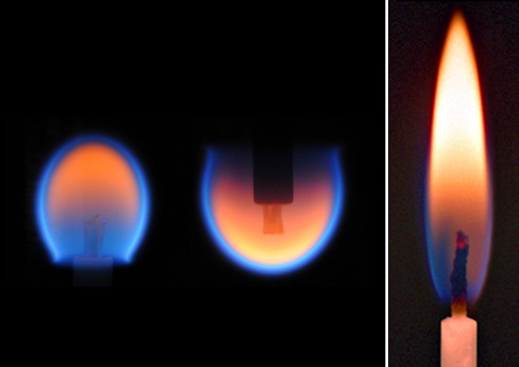 Two candle flame images taken as part of the Burning and Suppression of Solids experiment aboard ISS with air flow from bottom to top, compared with how a flame appears on Earth. - Credit: NASA