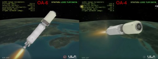 Cygnus OA-4 and Oa-6 at T+620 seconds. Note the different pitch attitudes and difference in speed/altitude. - Credit: NASATV/Spaceflight101