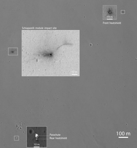 Mars Reconnaissance Orbiter images showing the different pieces of hardware from Schiaparelli scattered around the landing site in Meridiani Planum - Credit: NASA/JPL-Caltech/University of Arizona