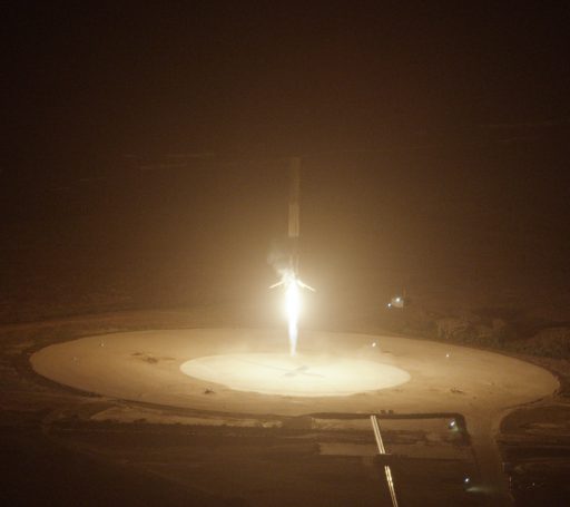 The Falcon 9 booster comes in for a bullseye landing after a successful return from the edge of space. - Credit: SpaceX