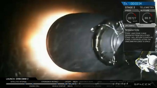 Falcon's Second Stage ignites to finish the orbital delivery of 11 OG2 satellites. - Credit: SpaceX Webcast