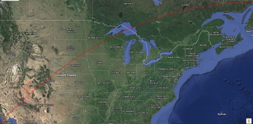 Ground Track over United States leading up to Re-Entry over Canada - Image: Spaceflight101/TLE Analyser/Google Maps