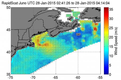 RapidScat detected the nor'easter's strongest sustained winds (red) between 90 & 108 km/h just off-shore from eastern Cape Cod - Image: NASA/JPL/Doug Tyler