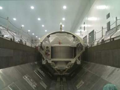 AMS-2 inside a payload canister at KSC (Photo: NASA)