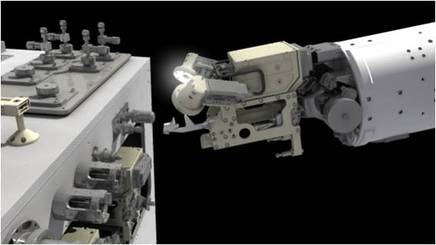 Artist's Impression of the SPDM (Dextre) using the RRM during a demonstration test. The ELC-4 is clearly visible as the structure RRM is mounted on. Dextre is based on the Canadarm 2 for this test. - Image Credit: NASA
