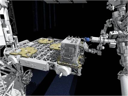 Artist's Impression of the SPDM (Dextre) using the RRM during a demonstration test. The ELC-4 is clearly visible as the structure RRM is mounted on. Dextre is based on the Canadarm 2 for this test. - Image Credit: NASA