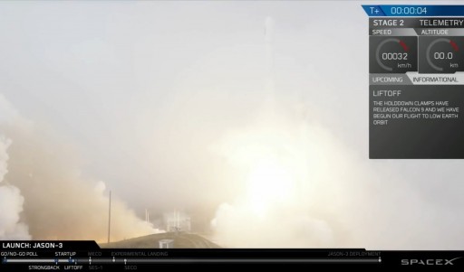 Falcon 9 lifts off in thick fog - Photo: SpaceX Webcast
