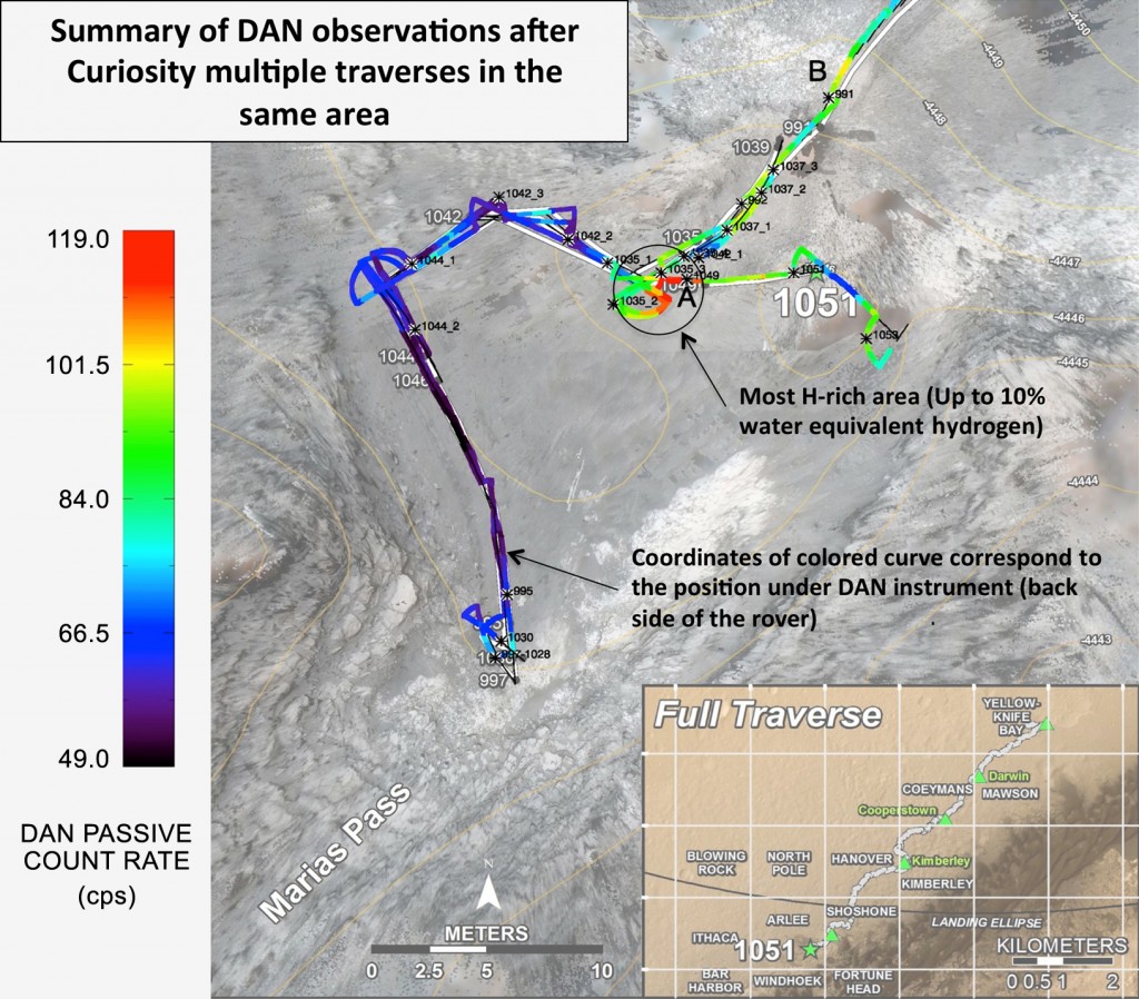 This color-coded map shows Curiosity's Traverse Path around the Marias Pass Area, highlighting the high concentration in hydrogen that so far has been unique to this location. - Credit: NASA/JPL-Caltech/Russian Space Research Institute 