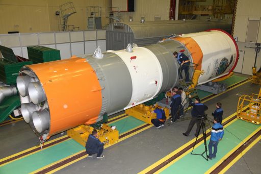 Photo of the Soyuz 2-1B third stage undergoing integration with the Resurs spacecraft - Photo: Roscosmos 