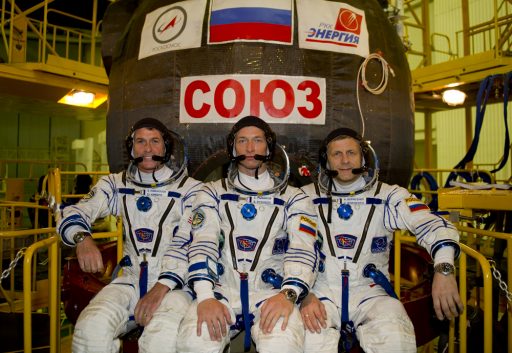 The Expedition 49/50 Crew in front of their Soyuz Spacecraft - Photo: Gagarin Cosmonaut Training Center