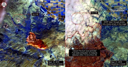 WorldView-3 Imagery of the Canyon Fire in the Short-Wave Infrared Band on Sept. 18 and 21 - Credit: DigitalGlobe