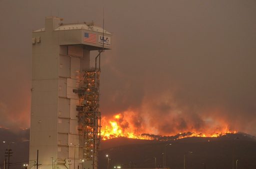 Flames approach the Atlas V rocket housed inside its Service Tower at Space Launch Complex 3 - Photo: Santa Barbara County Fire Dept