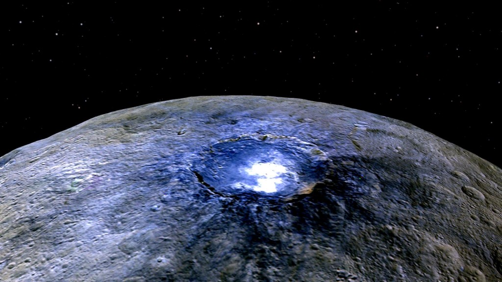 Ceres' prominent Occator Crater seen in false color brings out differences in surface composition with particular focus on the bluish areas that are rich in sulfates, representing one finding presented this week by the Dawn mission. -- Credit: NASA/JPL-Caltech/UCLA/MPS/DLR/IDA