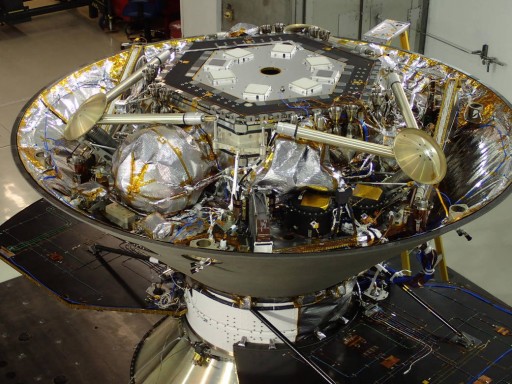 The InSight lander in its cruise stage configuration prior to undergoing acoustic testing at Lockheed Martin.