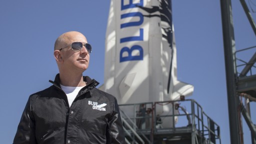 Bezos in front of New Shepard ahead of the vehicle's maiden flight - Photo: Blue Origin