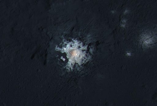 Color-enhanced view of Ceres' brightest feature, created by overlaying low-resolution color data onto higher-resolution black-and-white image - Credit: NASA/JPL-Caltech/UCLA/MPS/DLR/IDA/PSI/LPI