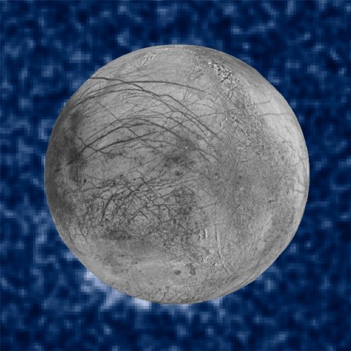 Signs of water emission at the 7-o'clock position of Europa (Hubble Data), Overlay assembled from Galileo & Voyager Data - Credit: NASA/ESA/W. Sparks (STScI)/USGS Astrogeology Science Center