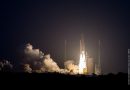 Ariane 5 Blasts Off at Sunset on Heavy-Haul with Japanese & U.S.-Built Communications Satellite Pair
